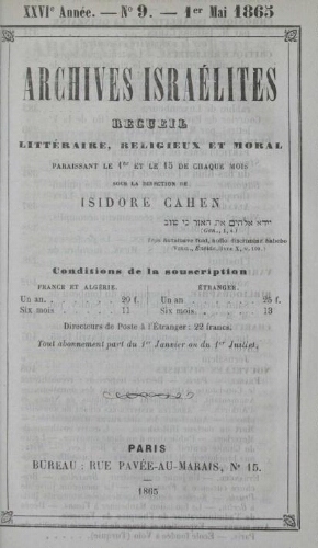 Archives israélites de France. Vol.26 N°09 (01 mai 1865)